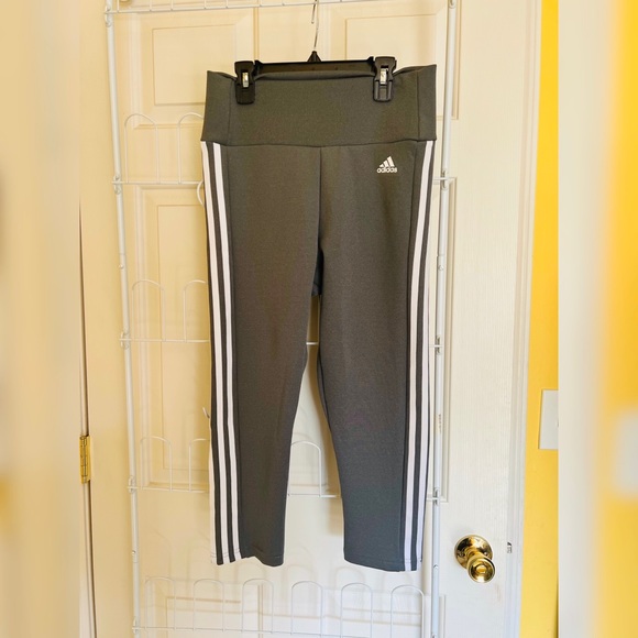 Womens Adidas Gray w/ White Stripes Capri Leggings - Picture 2 of 5